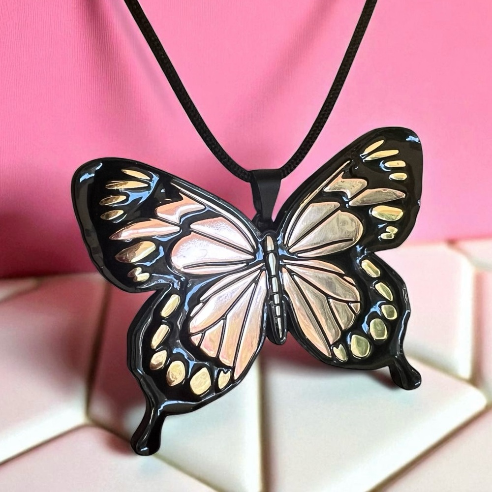 Chic Black Rose Gold and Gold Toned Wrap Butterfly Pendant Necklace - Picture 4 of 17